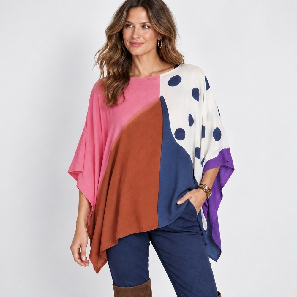 Sylca Artwear Tunic Top Womens OS Abstract Colorblock Batwing Handpainted Casual